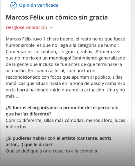Captura de reseña de 1 estrella en Atrápalo para Marcos Félix