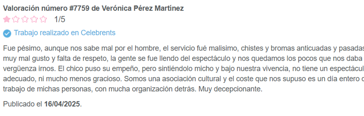 Captura de reseña de 1 estrella en Celebrents